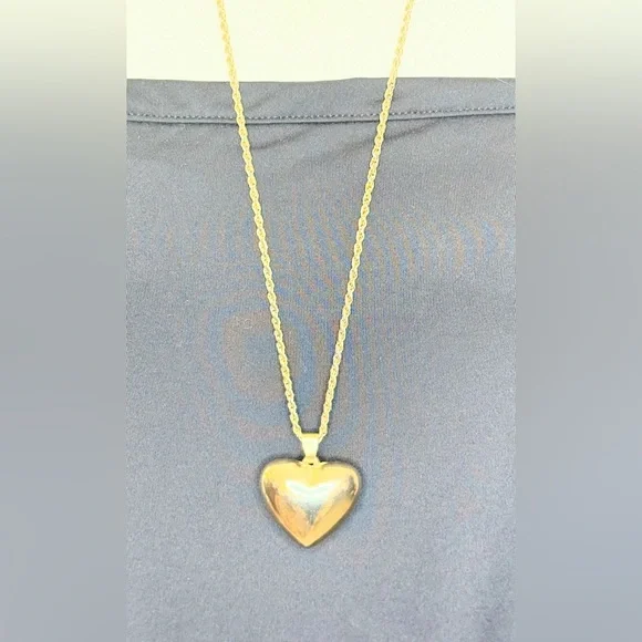 Vintage Gold Tone Puffy Heart Pendant Necklace Rope Chain 24” - Picture 5 of 12